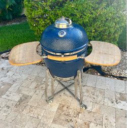 Blue Ceramic Kamado Grill with Stand, just like Big Green Egg