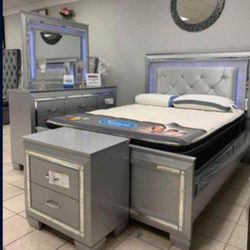 Allura Silver LED Upholstered Panel Bedroom Set Bed, Dresser, Mirror, Nightstand 