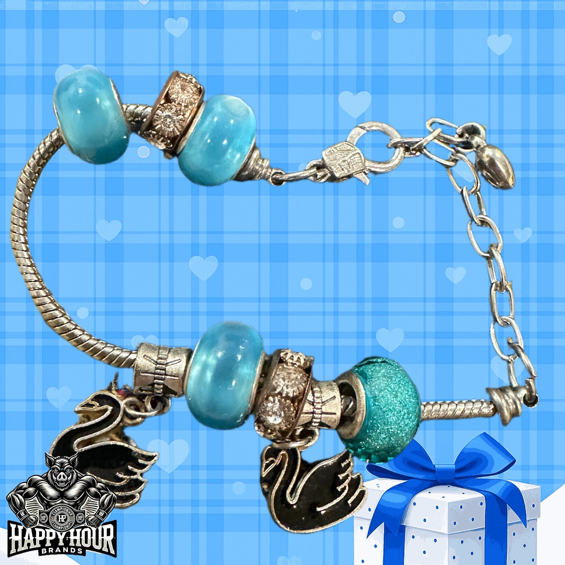 Birthstone Charm Bracelet Silvertone With Swans