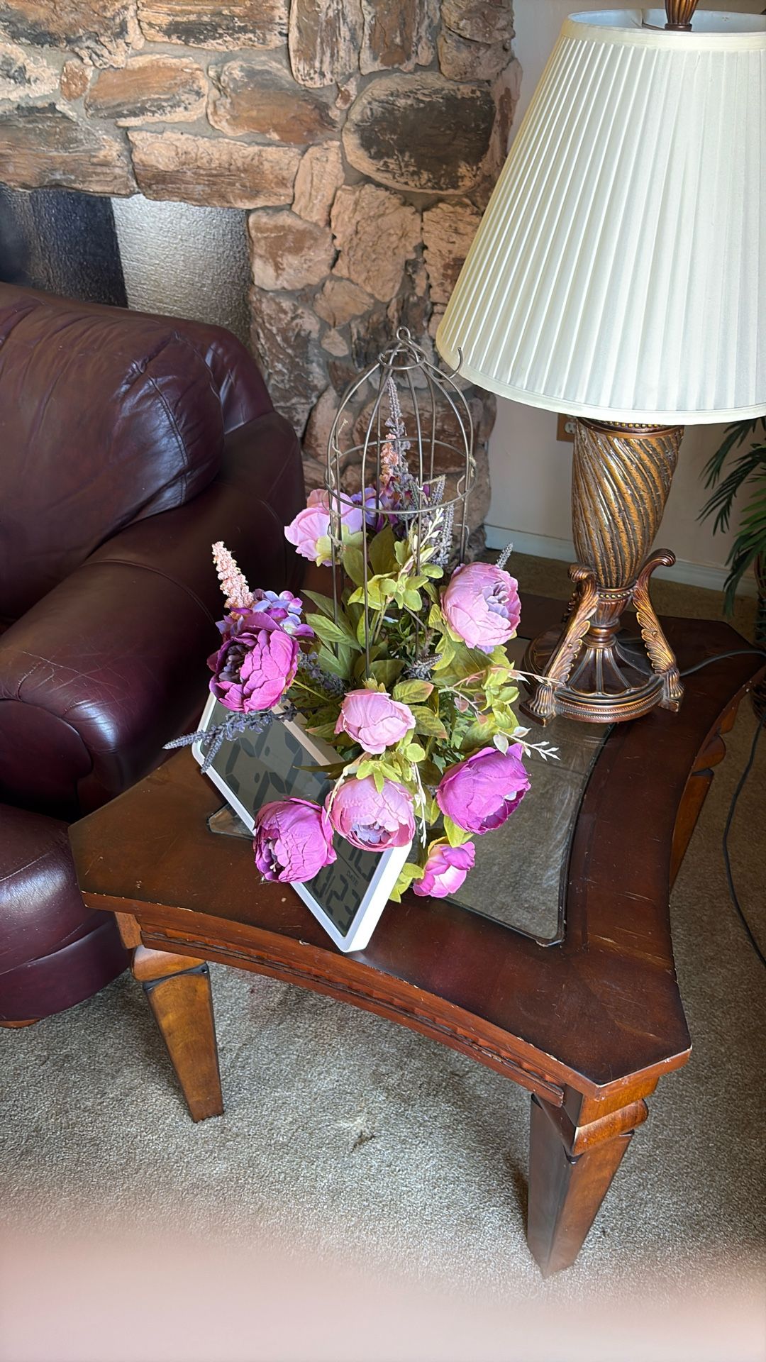 Tall Bird Cage With Purple Flowers.