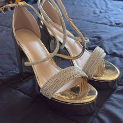 Gold Rhinestone Chunk Heels