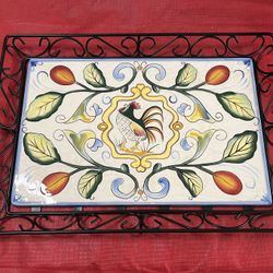 Fitz & Floyd Vintage Rooster Serving Platter Ceramic Black Metal Serving Tray