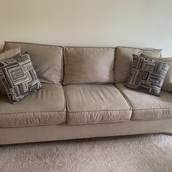 11/2 Year Old Almond Beige 3 Seater Sofa, with 4 throw cushions, Size 80” longx32”wide