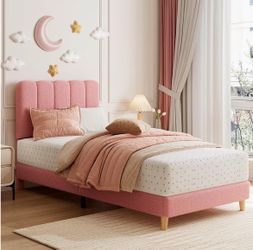 Upholstered Twin Bed Frame, Cute Boucle Platform Bed with Wave Headboard for Girls/Kids, No Box Spring Needed, Wooden Slats Support, Noise Free, Pink