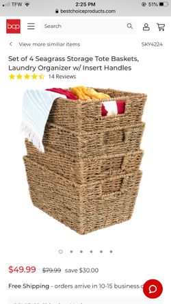 Set of 4 Seagrass Storage Tote Baskets, Laundry Organizer w/ Insert Handles
