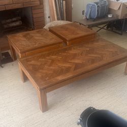 200lbs Solid White Oak Vintage 1980s Mid-Century Modern Herringbone Top Custom Rectangular Coffee Table w/ 2 Side Tables Contemporary Farmhouse