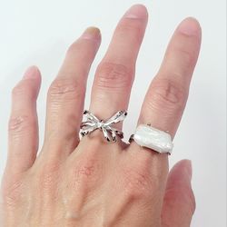 A set of 2 two 925 Sterling Silver Women's white stone and bow cuff rings Ring Gift