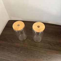 Bamboo Lid Cup Glass (2) With Straws