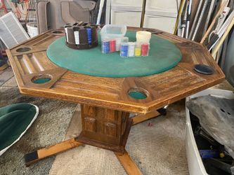 Vintage Poker Table – Solid Wood Octagon w/ Chips & Dealer Tray