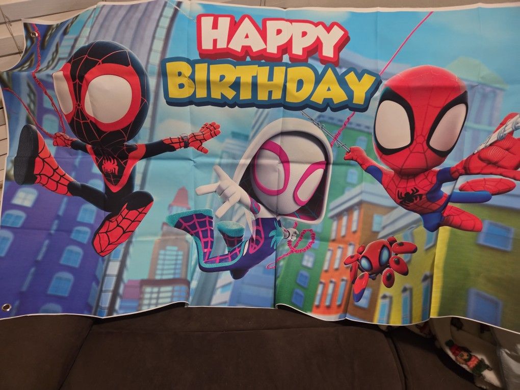 Spiderman And Friends Birthday Set Backdrop Tablecloth Banner Streamers Ballons Cake And Cupcake Toppers 