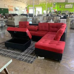 ❗Brand New / HEIGHTS BLACK /RED REVERSIBLE SECTIONAL WITH STORAGE OTTOMAN 