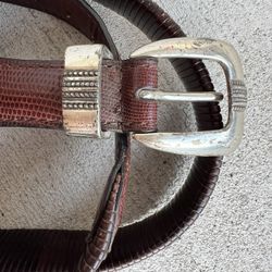 Vintage Tooled Leather Western Belt – Size 42 – Brown Lizard Embossed – Silver Buckle – 1970