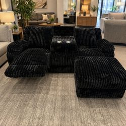 BLACK Corduroy RHF Power Recliner Sectional Sofa & Storage Chaise w/ USB + Drop Down Tray
