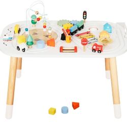 Baby Activity Cubes for Kids,Toddler Activity Cubes&Activity Center Table with Wooden Bead Mazes，Mini Toy Car,Gears&Blocks|Wooden Desk Play Table as M