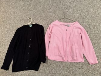 2 Women’s Size Small cardigan sweater/shirt- Sara Morgan black&Fashion Bug Pink 
