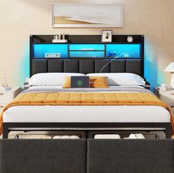 Furnulem Queen Bed Frame with Storage Drawers, Upholstered Headboard with LED Light & Charging Station