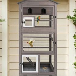 68.8"L Outdoor Bird Aviary Indoor Wooden Large Bird Cage Parakeet Cage on Wheels,Removable Wire Nett