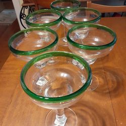 6 Large  Green  Hand Blown Margarita Glasses