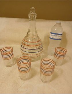 Vintage 1950s Hazel Atlas decanter and glasses. No chips or cracks.
