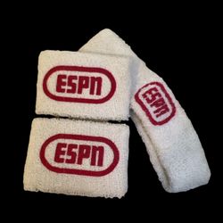 VINTAGE ESPN LOGO SPORTS ADVERTISING Set Sweat Bands & Headband Rare Terry Cloth