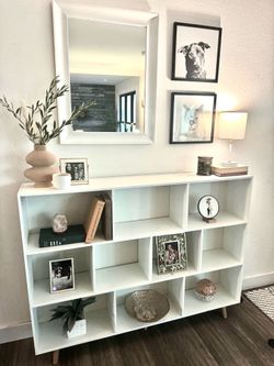 Modern White Geometric Bookcase / Display Shelf with Wood Legs – 55”