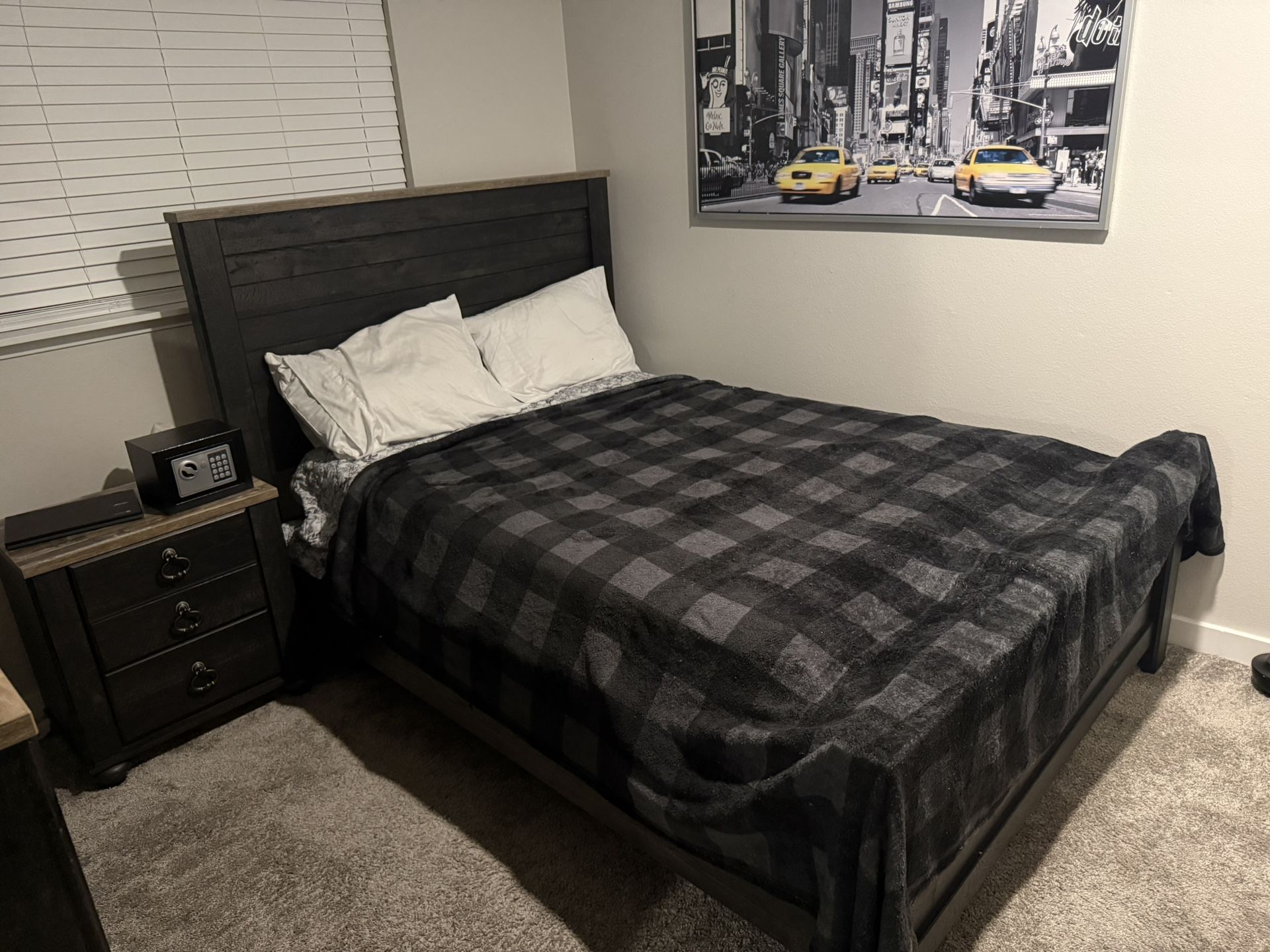 Wooden Full Set Bed Frame And A Dresser With A Side Drawer