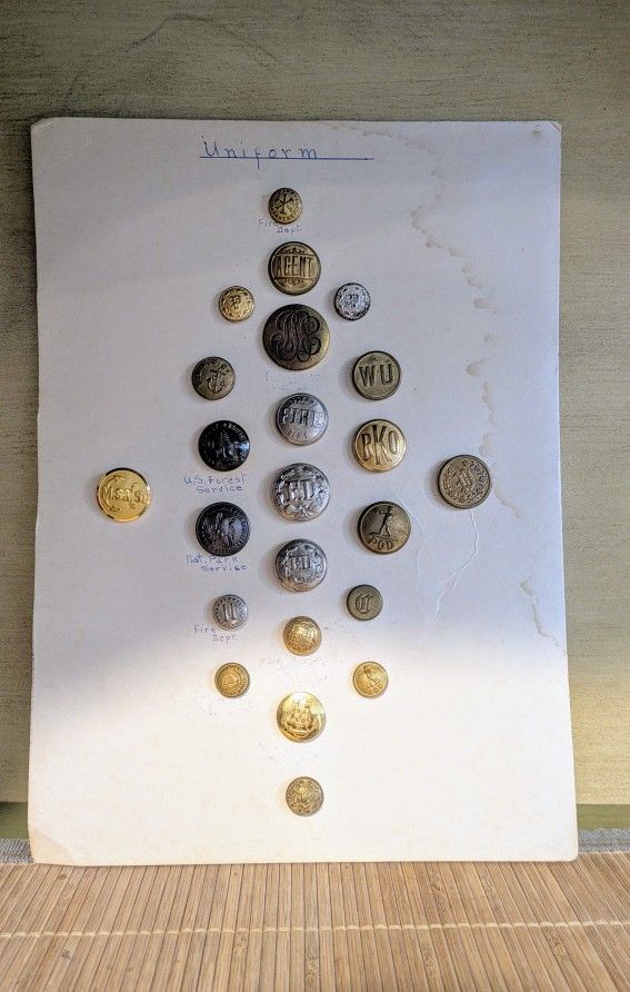 Card of 23 ANTIQUE UNIFORM BUTTONS: Fire Dept. - Forestry Service - MORE