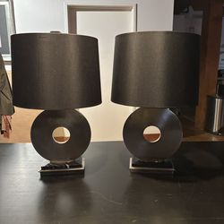 (2) Robert Abbey Tic-Tac-Toe Brass Table Lamps (2) with Chrome Finish and Marble Base