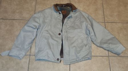 VINTAGE ABERDEEN CANVAS FIELD UTILITY WORKWEAR COAT JACKET MEN'S SIZE MEDIUM BROWN LEATHER TRIM ACCENT COLLAR PLAID LINED FULL ZIP
