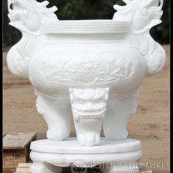 White Marble Double Dragon Incense Urn