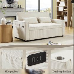 Beige Sofa Bed,3 in 1 Convertible Futon Couch Pull Out Bed with Usb Charging & Cup Holder 