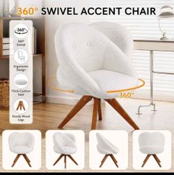 Modern Swivel  Chair 360 White Boucle  Accent  Chair, Wood Legs