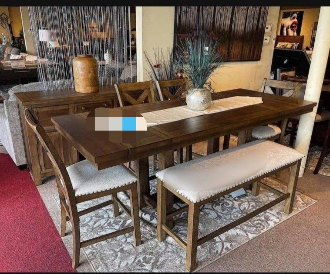 Huge Discount 💥Natural Two Tone Extension Rectangular Counter Height Dining Table,Bar Stools And Bench🌟 6 Pc Kitchen/Dining Set🔥On Display 🏠 