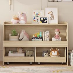 Toy Storage Organizer, 2 Tier Montessori Shelf with Movable Bins, Toy Organizers Book Shelf for Kids Room, Playroom, Nursery (Wood)