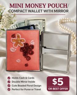 Mini Money Pouch / Compact Wallet with Mirror – Beaded Floral Design