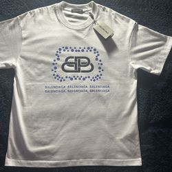Balenciaga White Mens T-Shirt w/ Blue Accents  (Size S/Fits Like Medium)