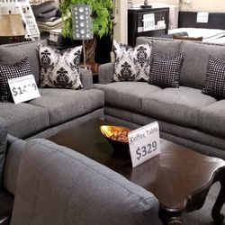 Brand New Grey Linen Studded Sofa + Loveseat 2PCs Set