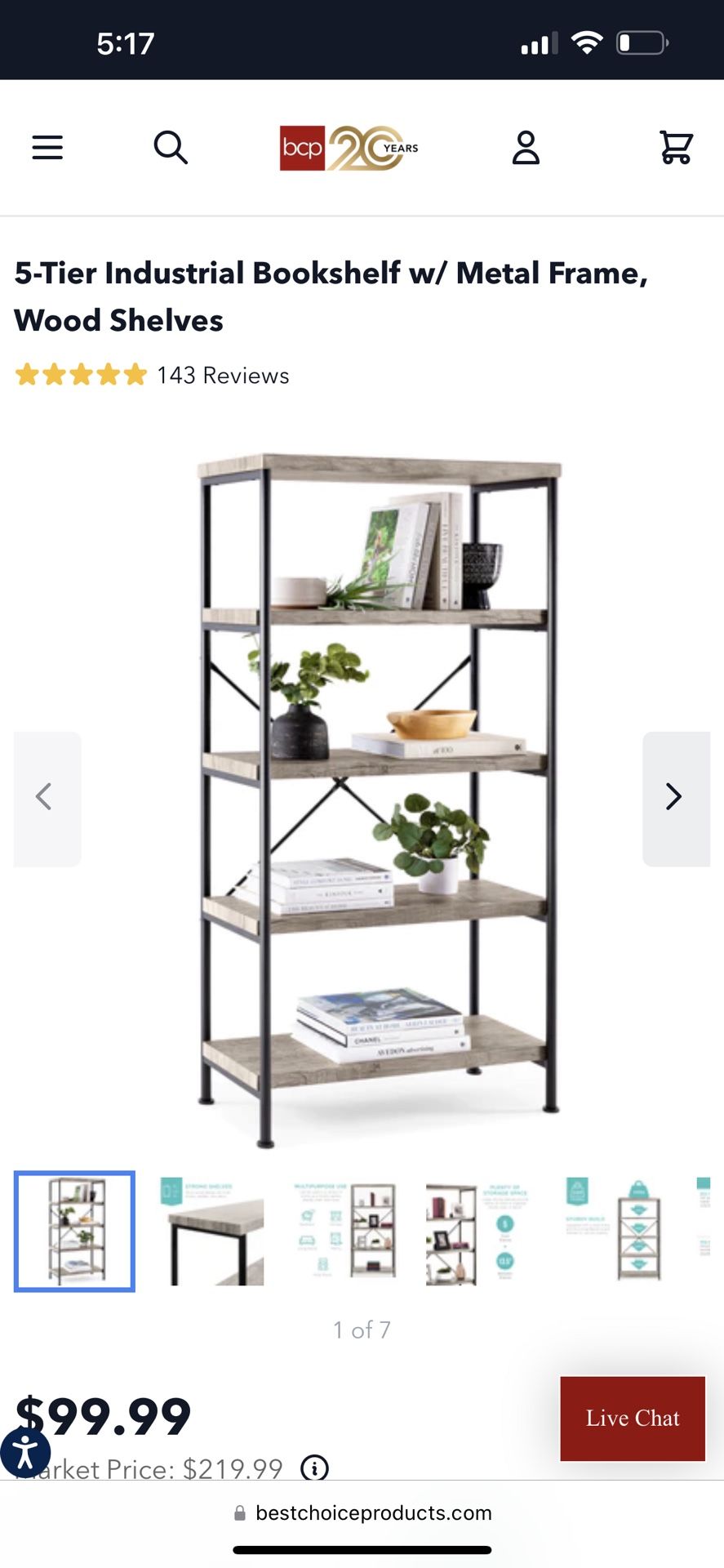 #5892.  5-Tier Industrial Bookshelf w/ Metal Frame, Wood Shelves