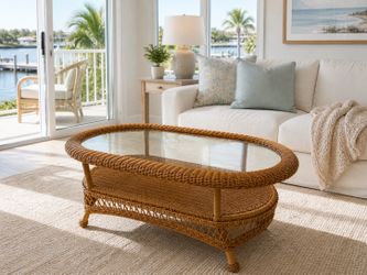 Coastal Wicker Oval Coffee Table – Rattan Glass-Top Style | Light Natural Finish