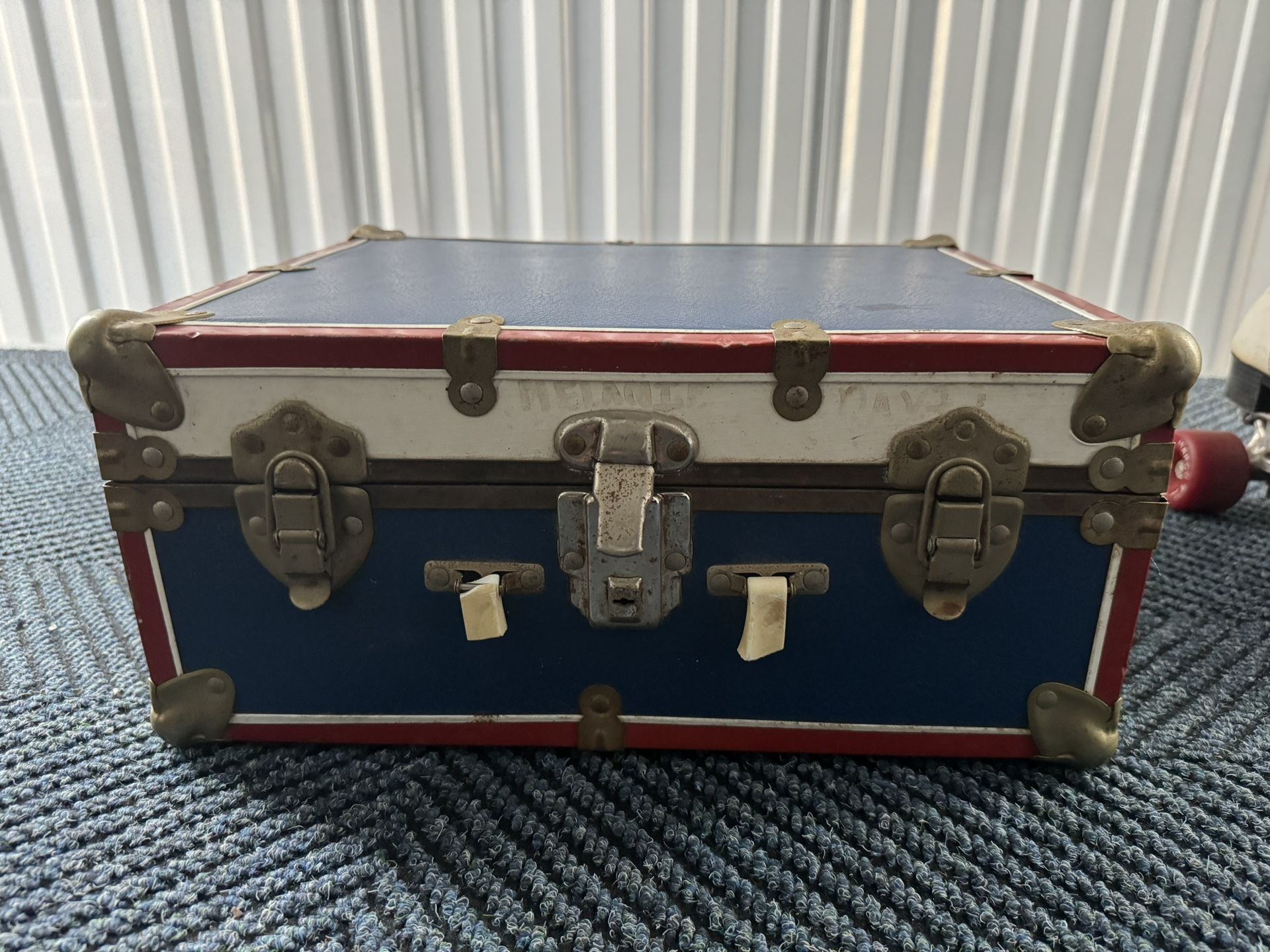 Red, Blue, White Vintage Wooden Storage Box With Foam Lid Lining