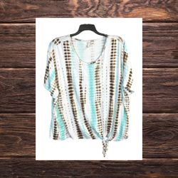 Cato Est. 1946 White w Brown/Turquoise Blotches Tie Front Shirt Women 18/20W