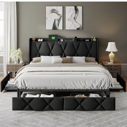 King Size Bed Frame with 4 Storage Drawers, Upholstered Platform Bed with Charging Station, Wingback Storage Headboard, Wooden Slats Support, Black