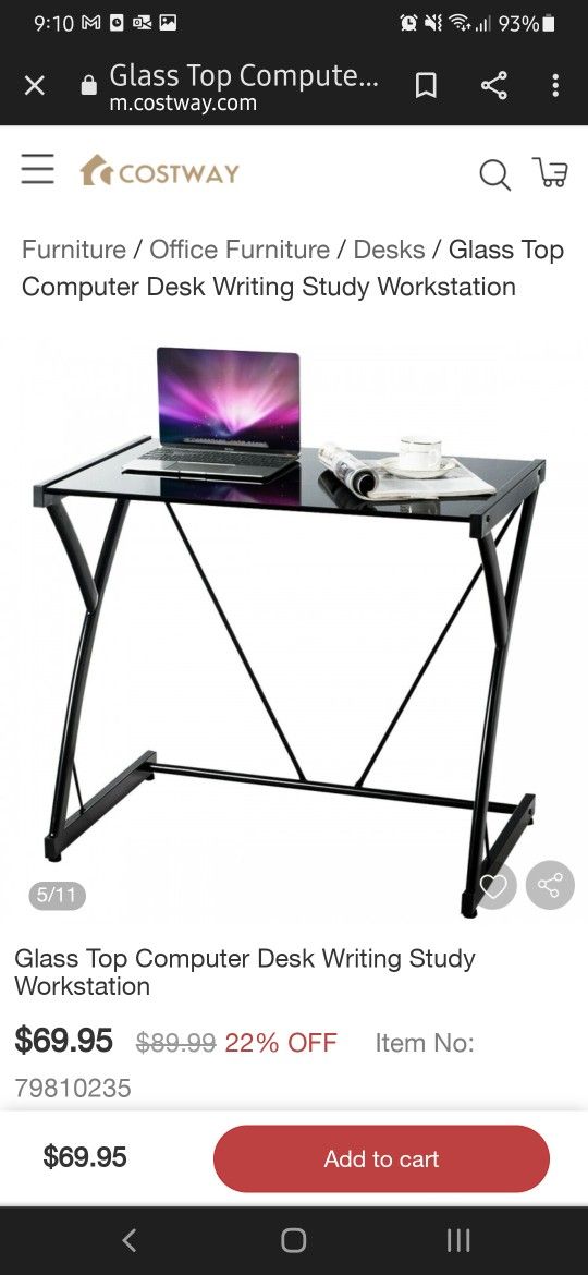 Costway glass Top Computer Desk/Writing/Study/Workstation table