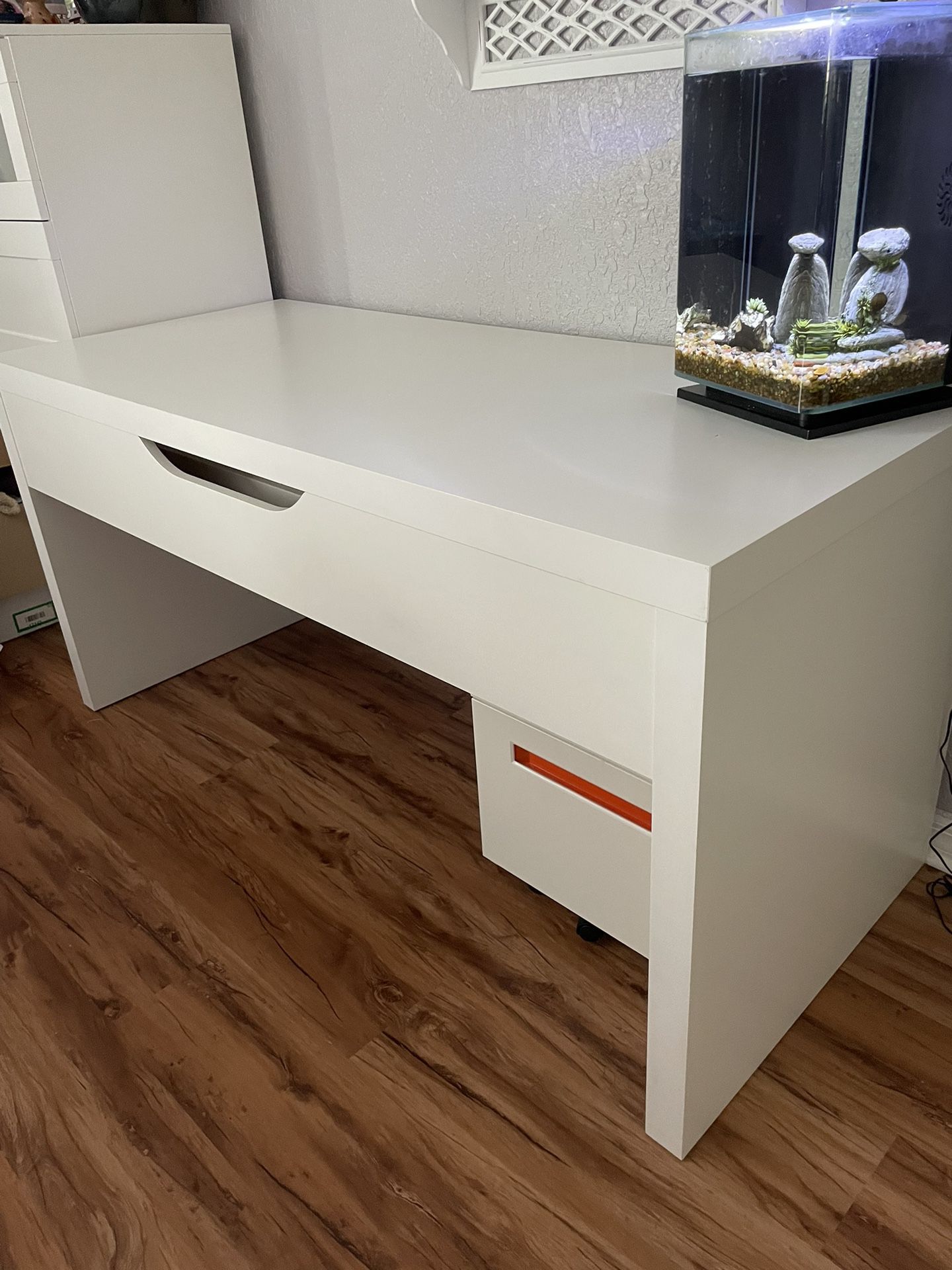White Desk (False Drawer) with Filing Cabinet