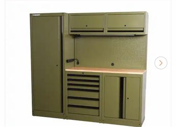 est Seller Shop Husky 80.2 in. W x 75 in. H x 19.2 in. D Steel 8-Piece Garage Storage System in Matte Army Green with Solid Wood Worktop