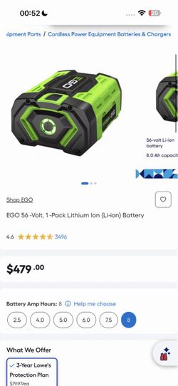 EGO 56 -Volt, 1 -Pack Lithium Ion (Li-ion) Battery