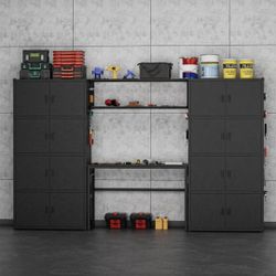 Heavy-Duty Complete Workbench and 16-Doors 120 in. W x 71 in. H x 16 in. D Steel 3-Piece Garage Storage System in Black