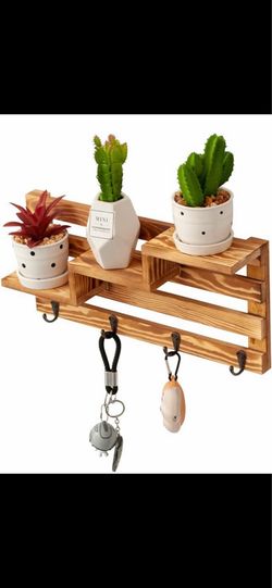 🔥👀🔥Wall-Mounted Entryway Shelf Burnt Wood Display with 4 Key Hooks, 15.8”, Torched Brown