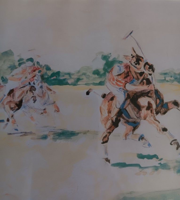 #1 "The Polo Match" Print Water Color. #2 "The Steeple Chase" Dry Point Etching Beautiful Frame