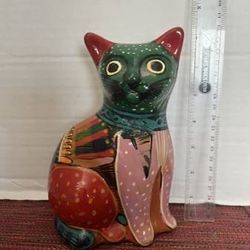 Talavera Mexican Traditional HandPainted Folk Art Cat Figurine Pottery
